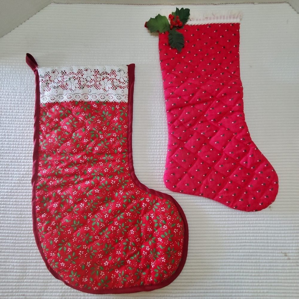 2 Christmas Stockings Handmade 16"-17" Vintage Holly Lace Quilted Fabric Red
